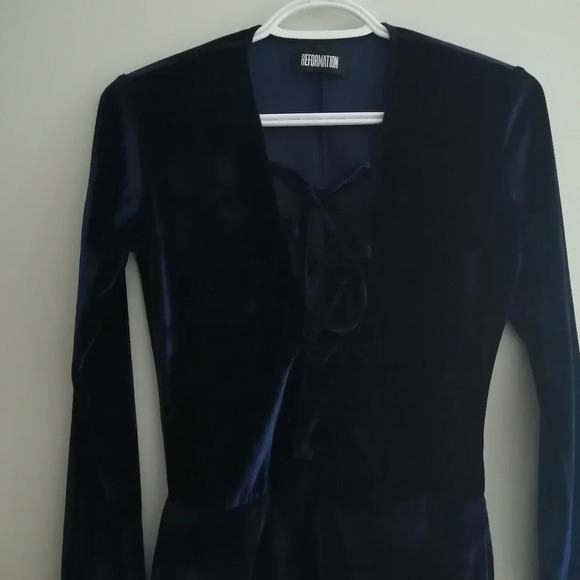 Reformation Avalon Blue Velvet Lace Up Bodysuit Plunging V-Neck Pong Sleeve XS - Picture 5 of 16